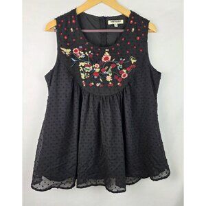 Tantrums Womens Top Size Medium Black Floral Embroidered Sleeveless Shirt Blouse